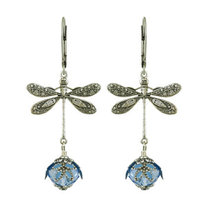 Dragonfly Daze Earrings, Silver and Blue