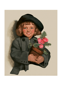 Girl With Pot of Pink Flowers